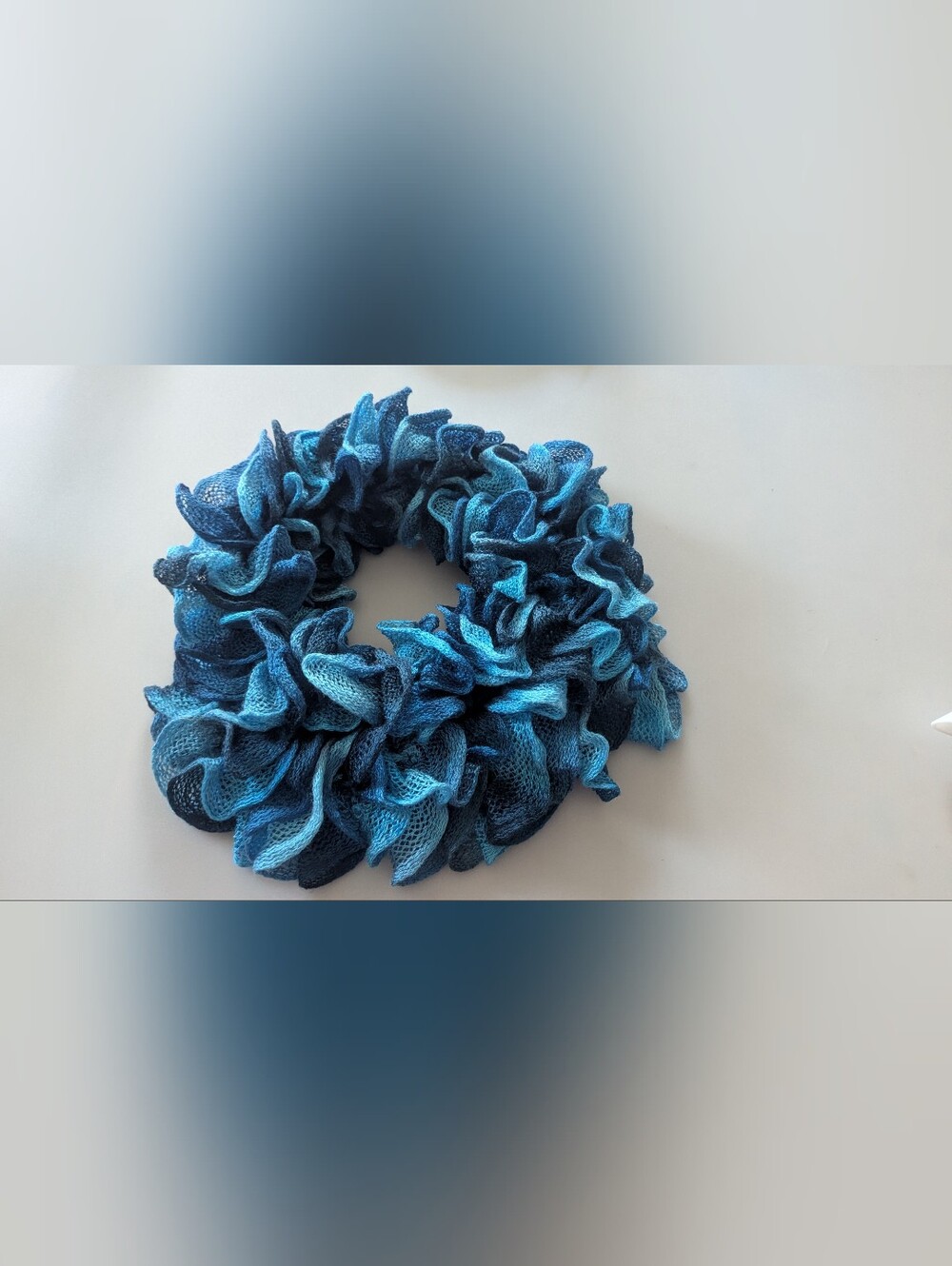 Multicolor Handmade Crocheted Fashion Ruffle Scarf Shades of Blue Teal 60" Long - Picture 3 of 14